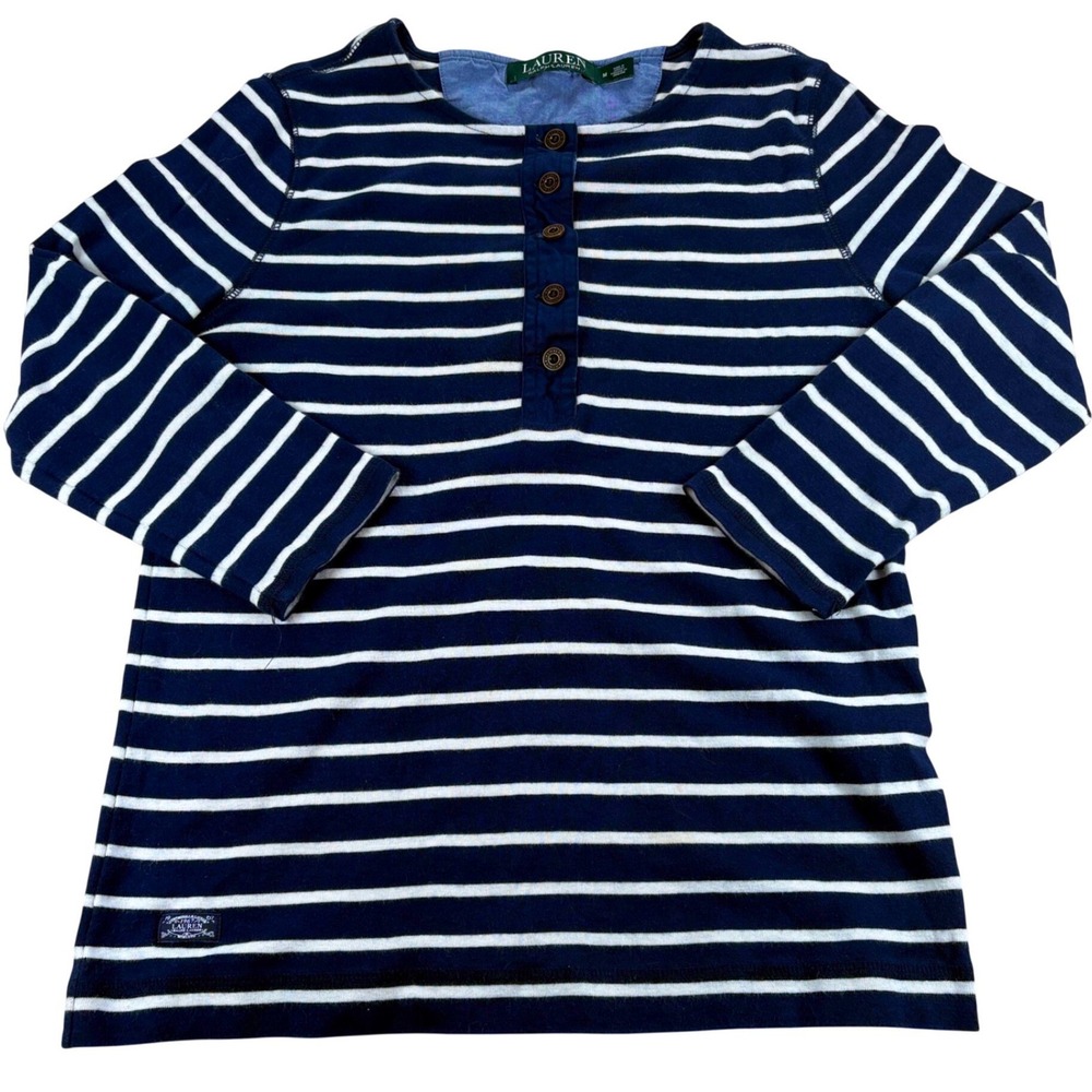 Lauren Ralph Lauren Henley Shirt Womens M Navy Blue Striped Nautical Preppy Top